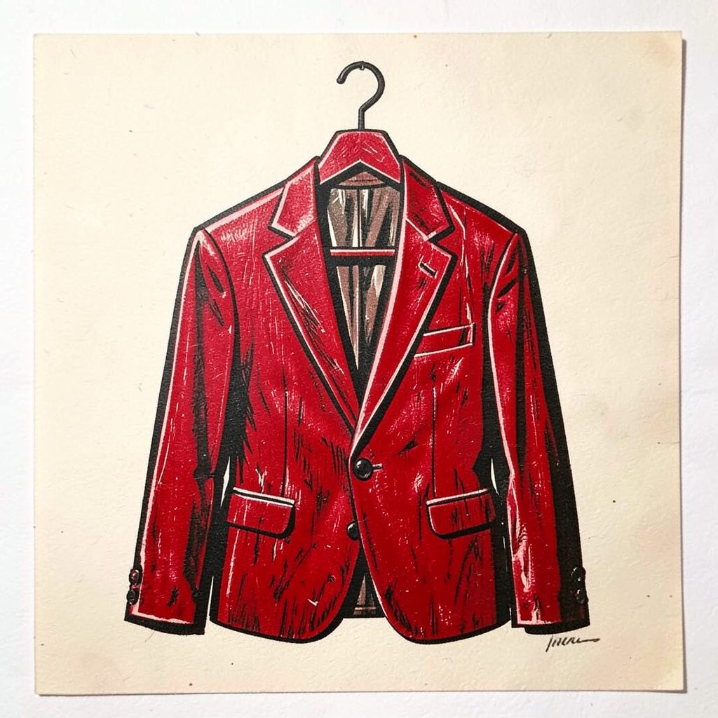 A carved linocut relief print of a tailored menswear jacket on a hanger, deep red and charcoal ink on cream paper, warm and refined mood