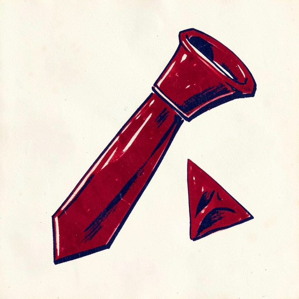 A carved linocut relief print of a necktie and pocket square arranged diagonally, rich burgundy and navy ink on off-white paper, sophisticated mood