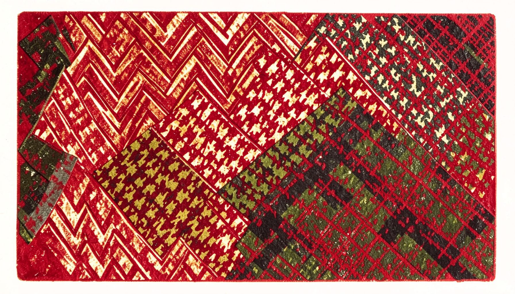 A carved linocut relief print of fabric swatches in herringbone, houndstooth, and glen plaid patterns arranged in overlapping layers. Rich earth tones — rust, ochre, slate, and deep olive — create a textured, tactile composition.