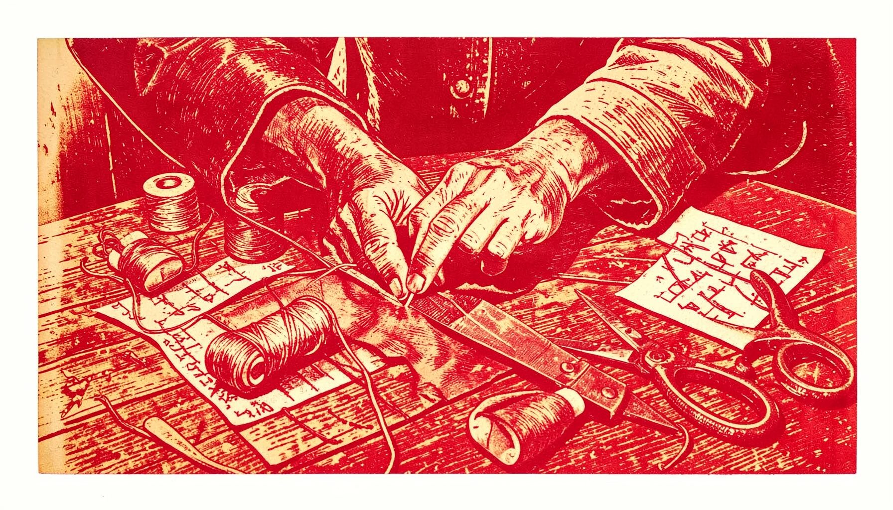 A carved linocut relief print of a tailor's hands at work, stitching fabric on a well-worn wooden table. Spools of thread, scissors, and pattern paper surround the scene. Warm amber, sepia, and ivory tones.