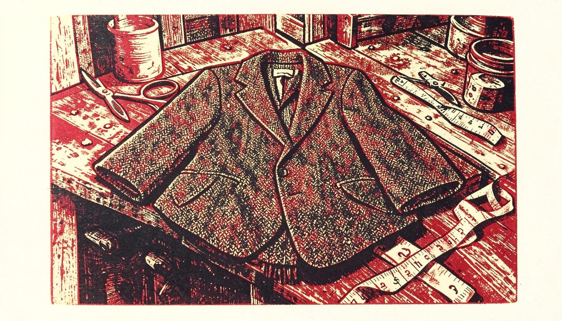 A carved linocut relief print of a tailored tweed jacket draped over a wooden workbench, with shears and measuring tape nearby. Warm browns, deep charcoal, and cream tones dominate the composition, evoking a quiet workshop atmosphere.