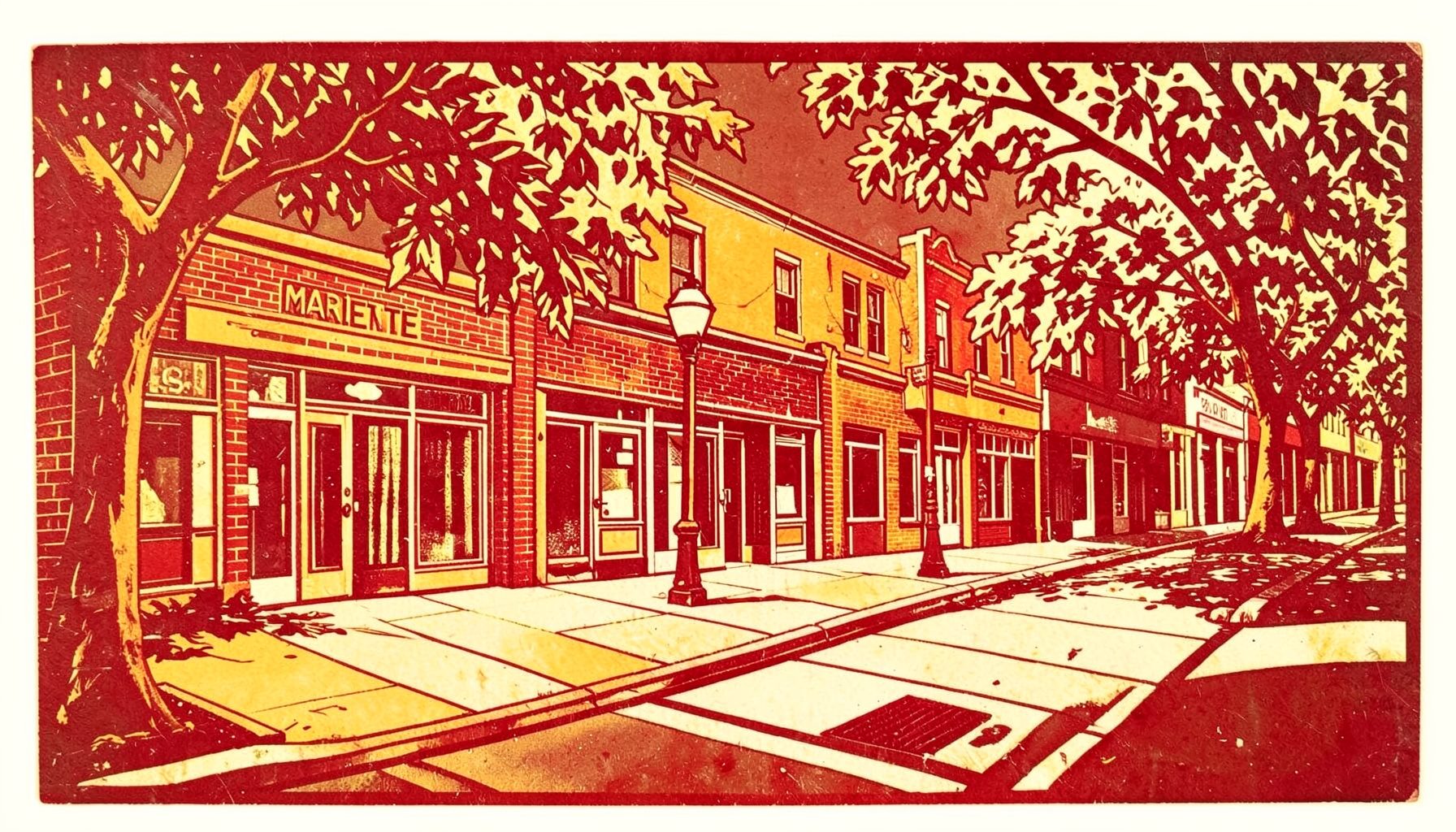 A carved linocut relief print of a stylized Atlanta streetscape near Marietta Street, with brick storefronts, broad sidewalks, and leafy trees rendered in warm ochre, deep brown, and cream tones.