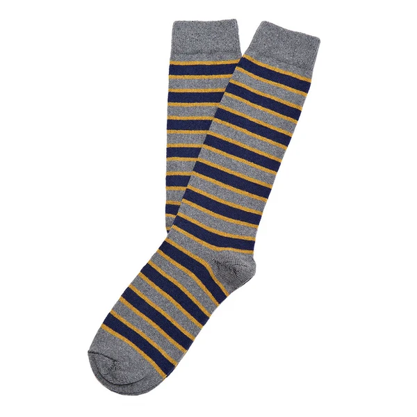 A pair of grey knee-high socks with navy and mustard horizontal stripes, shown on a white background.